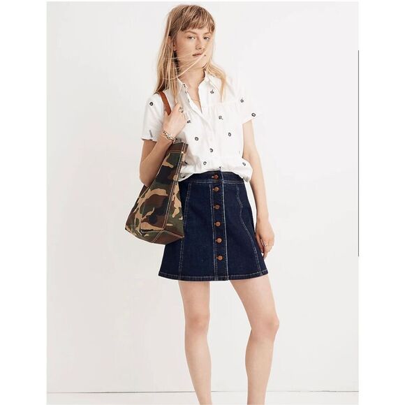 Madewell Stretch Dark Denim A-Line Brass Button Front Mini Skirt Preppy Size 0 - Picture 1 of 9